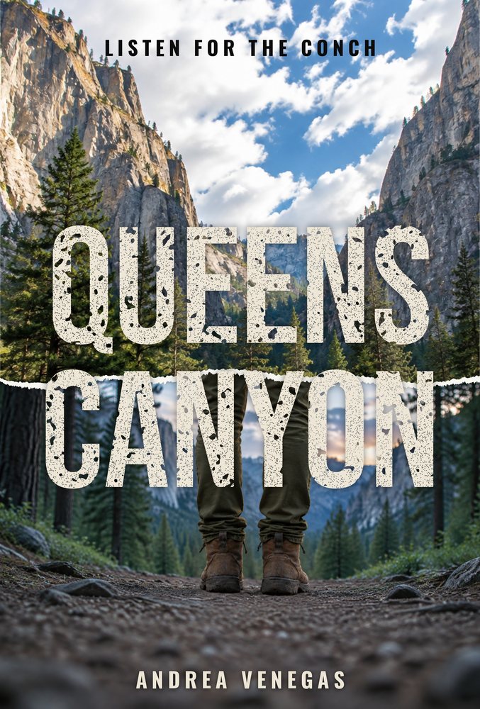 Queens Canyon by Andrea Venegas. Cover: a hiker's boots on a mountain trail between granite cliffs and pines, with the tagline Listen for the Conch.
